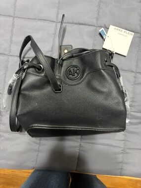 Anne Klein Black Pebbled Drawstring Shoulder Bucket Bag